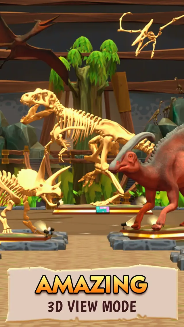 3D kiállítási nézet: repülő ősgyík csontváza a mennyezeten, alatta csontvázak és egy élethű, bóbitás dinoszaurusz szobra