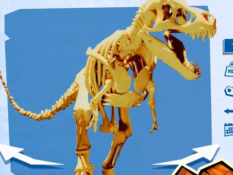 Dino Quest 2: aranyszínű Tyrannosaurus-csontváz a Dinopedia lexikon ismertetőjén