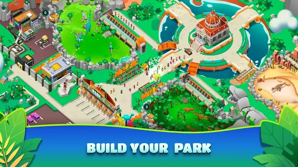 Low-poly park felülnézetből: kupolás központi épület, kör alakú tavak, hosszú látogatói sor és zöld kifutók