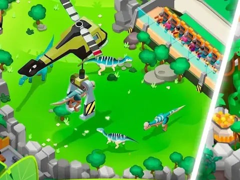 Dinosaur Park—Jurassic Tycoon: helikopter szállít egy dínót a zöld kifutóba, háttérben látogatói tribün