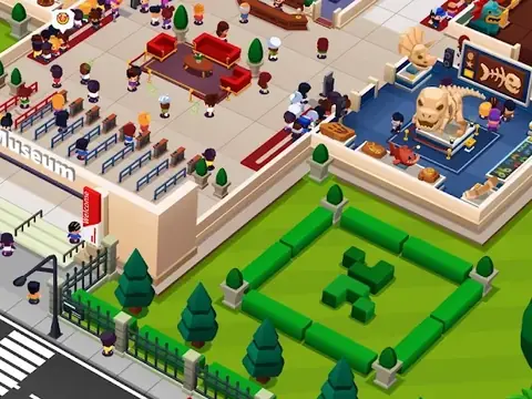 Idle Museum Tycoon: a múzeum épülete felülnézetből, kiállítótermekkel és egy dinoszaurusz-csontvázzal