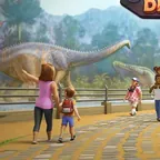 Részlet a Jurassic Dinosaur parkjából: látogatók a sétányon, mögöttük dinoszauruszok