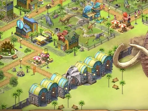 Jurassic Dinosaur: a park felülnézetből, kifutókkal, napernyős teraszokkal és egy gyapjas mamut agyaraival