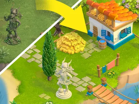 Land of Legends: sárga nyíl mutatja, ahogy egy romos házból narancssárga cserepes, felújított épület lesz
