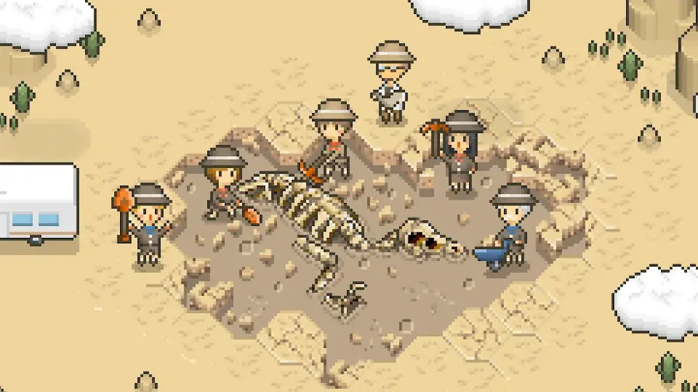 Kalapos pixelfigurák ásóval és talicskával tárnak fel egy dinoszaurusz-csontvázat a lakókocsi mellett