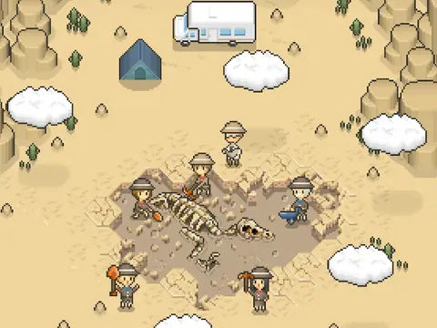 TAP! DIG! MY MUSEUM!: pixeles ásatók egy dinoszaurusz-csontváz körül a sivatagi lelőhelyen